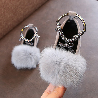 Girls' Princess Shoes With Flat Bow And Fur