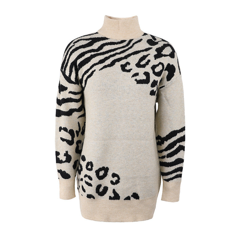 High Neck Leopard Sweater Women Amazon New Sweater Dress