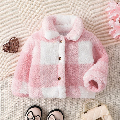 Girls' Lapel Plaid Velvet Coats