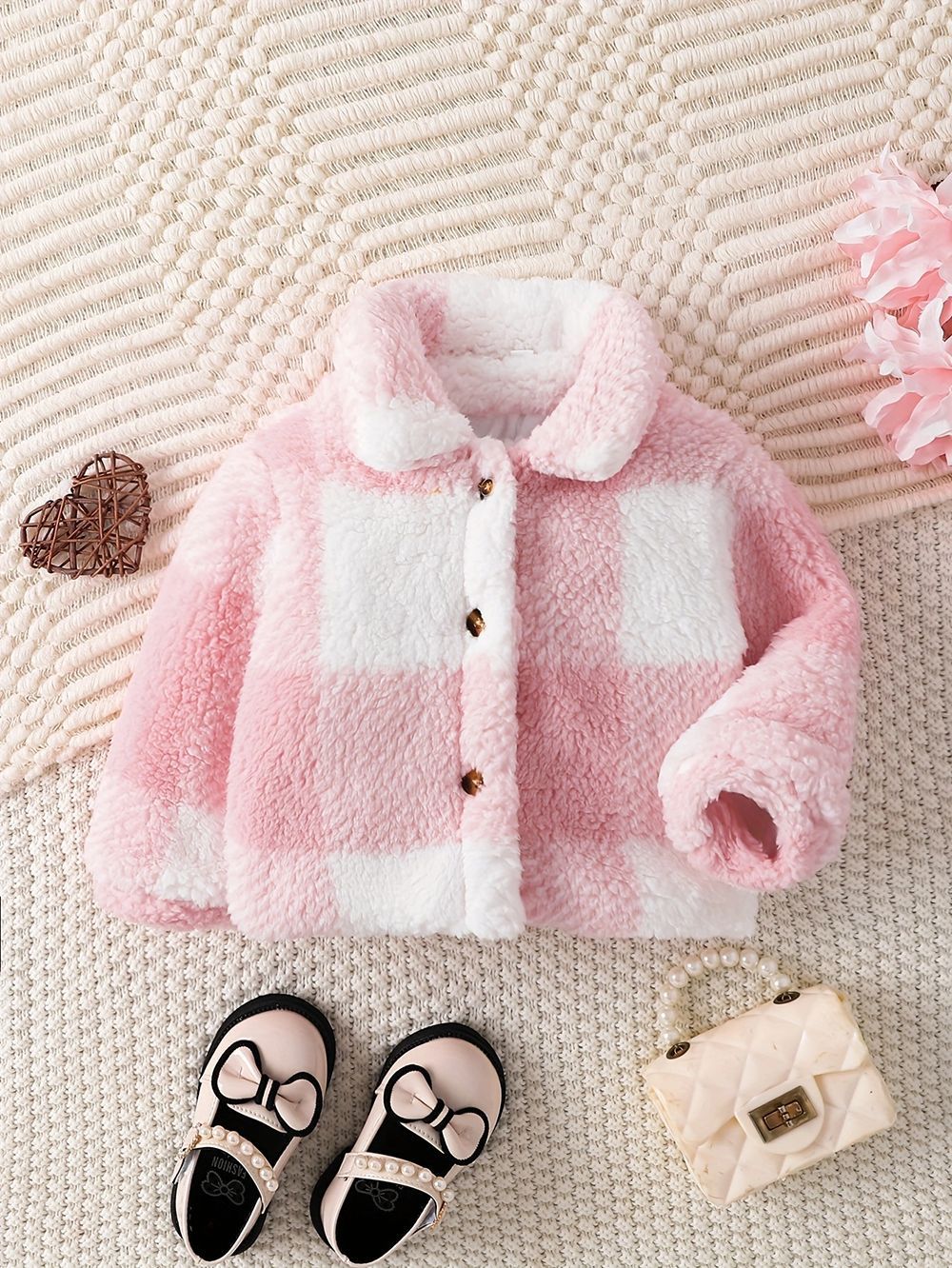 Girls' Lapel Plaid Velvet Coats