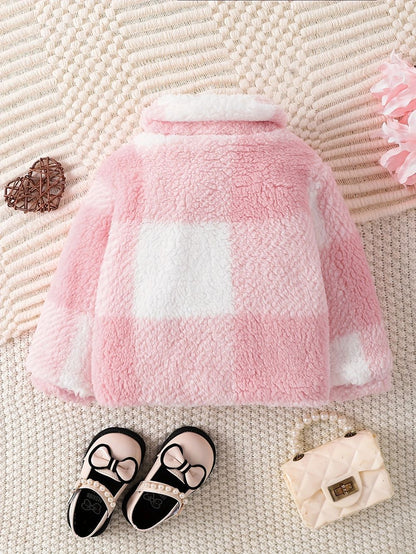 Girls' Lapel Plaid Velvet Coats