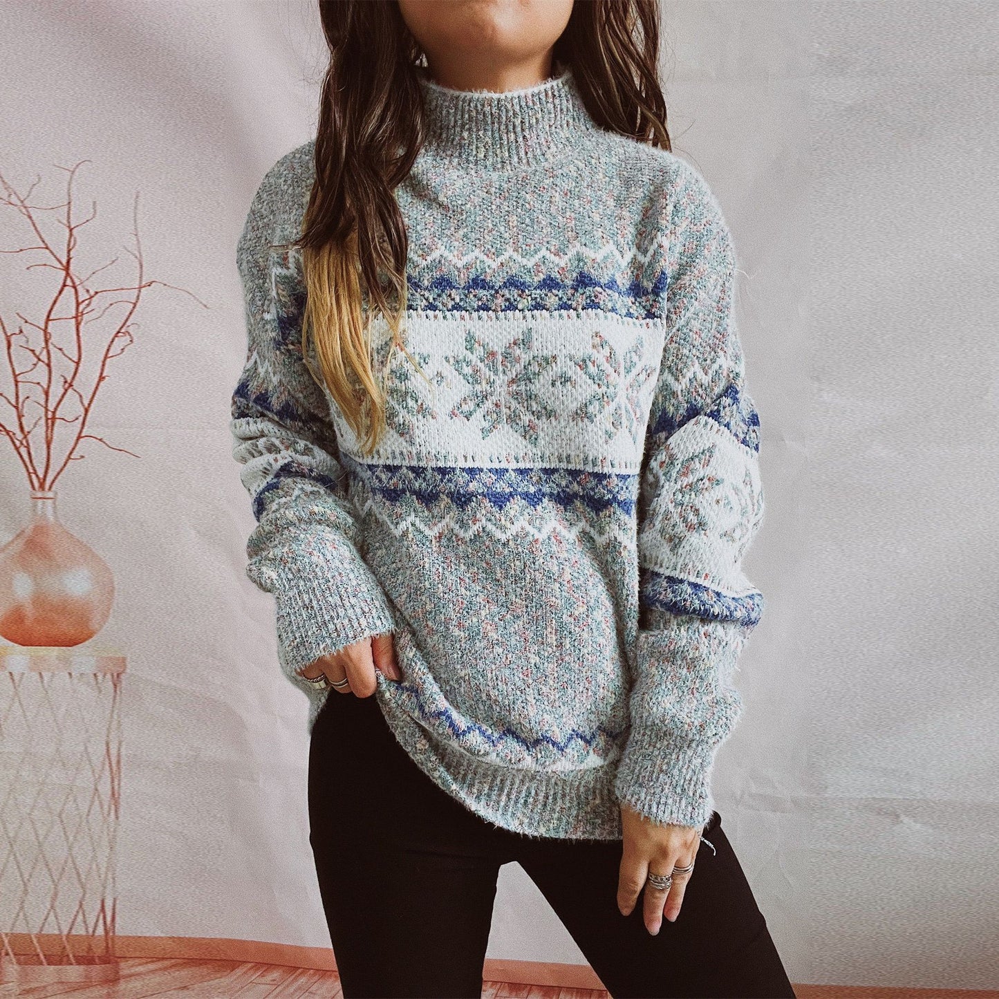 Snowflake Pattern Long Sleeves Knitted Sweaters