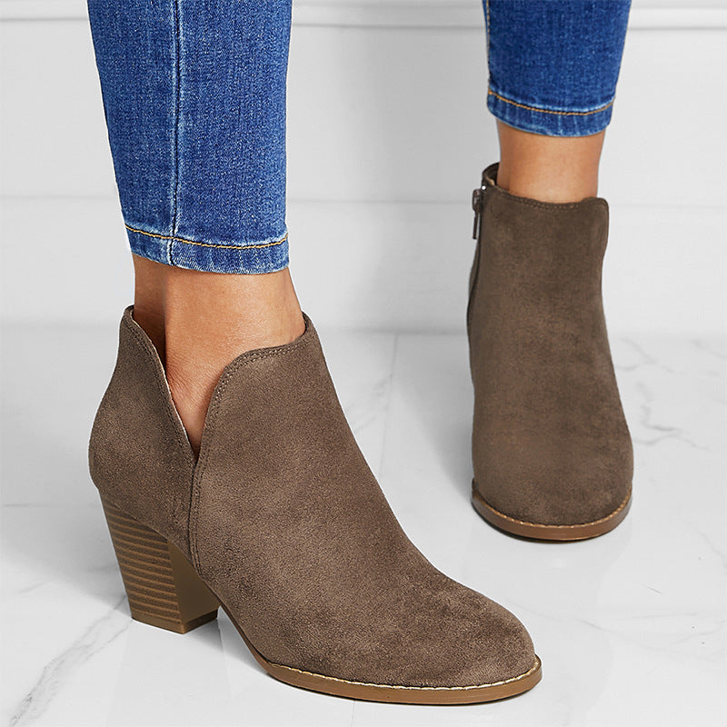 Suede V Cut Side Zipper Round Head Chunky Heel Ankle Boots