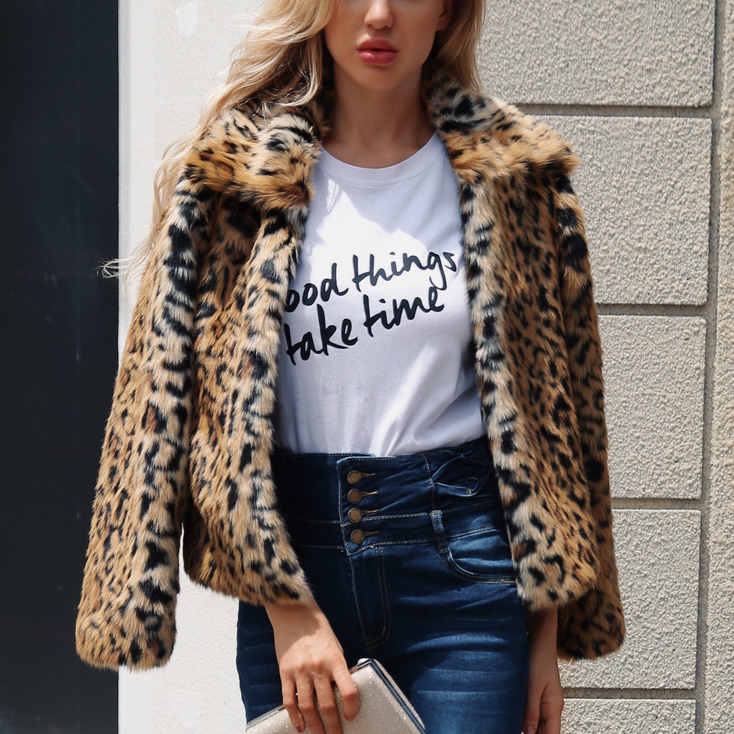 Leopard print fur lapel jacket