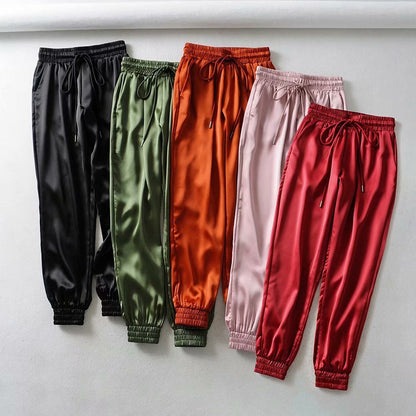 pure color slip face loose casual lace-up pants