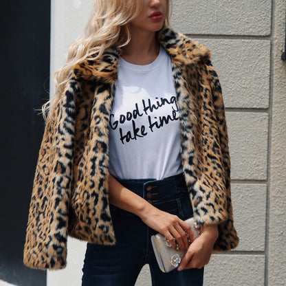 Leopard print fur lapel jacket