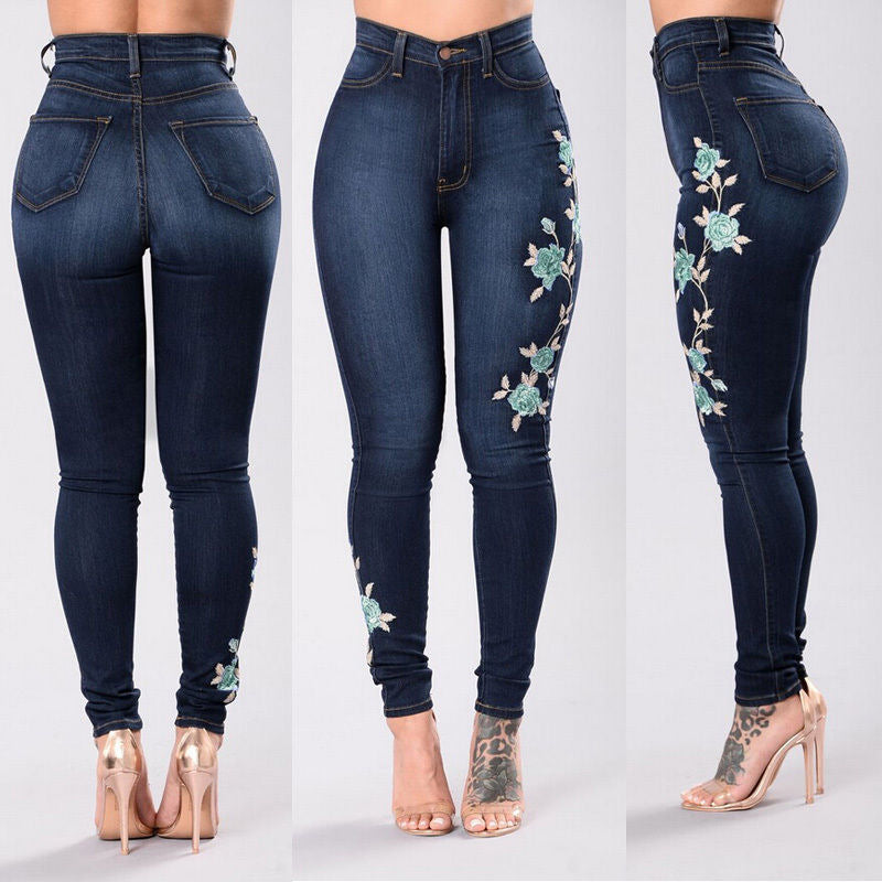 Denim flower embroidered jeans