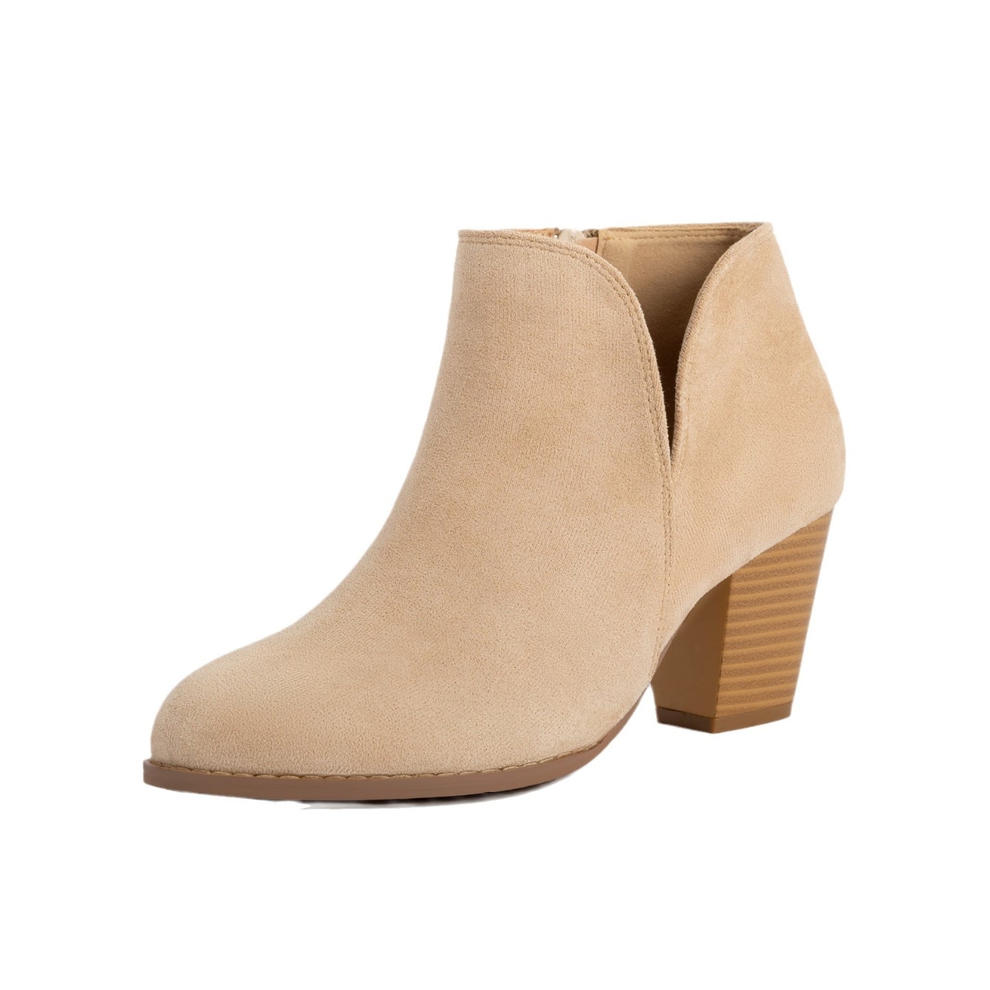 Suede V Cut Side Zipper Round Head Chunky Heel Ankle Boots