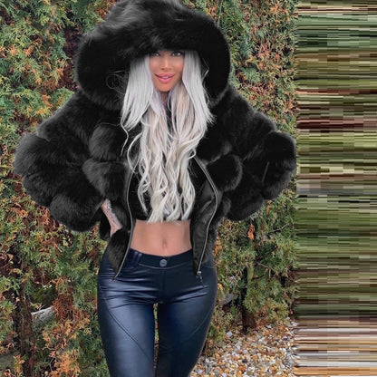 Long Sleeve Solid Color Faux Fur Jackets Hooded