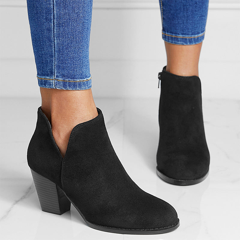 Suede V Cut Side Zipper Round Head Chunky Heel Ankle Boots