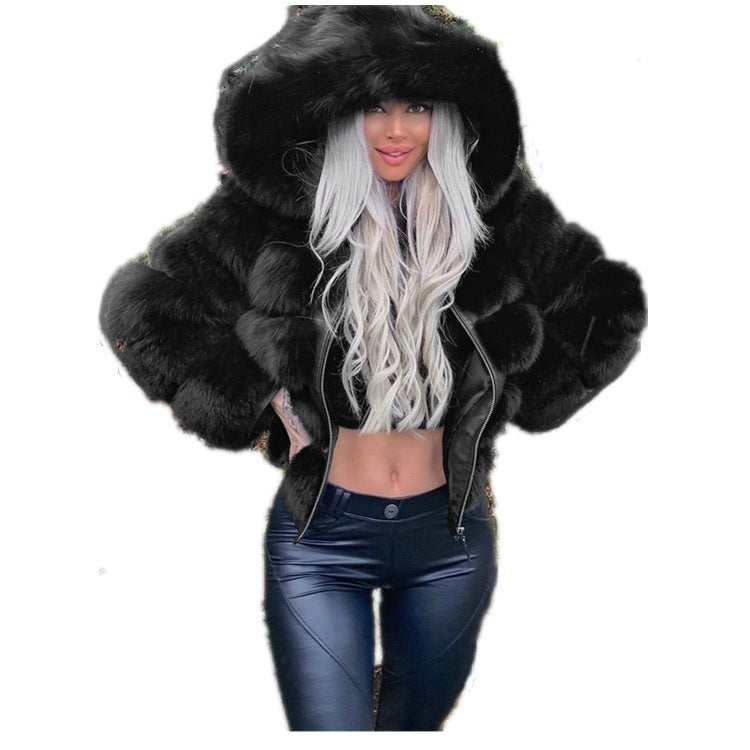 Long Sleeve Solid Color Faux Fur Jackets Hooded