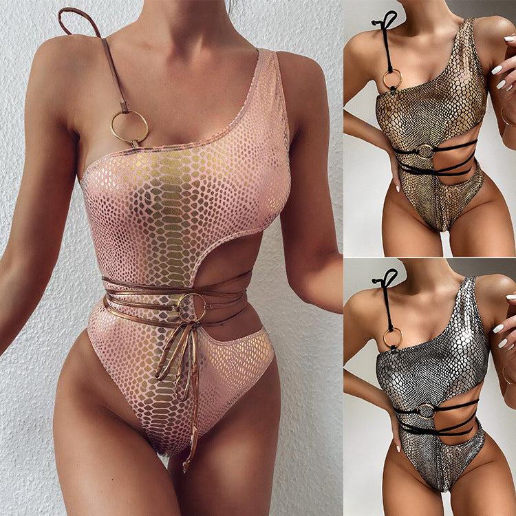 One-shoulder snake bikinis