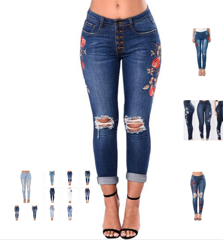 Jeans De Mezclilla Desgarrados Con Rosas Para Mujer