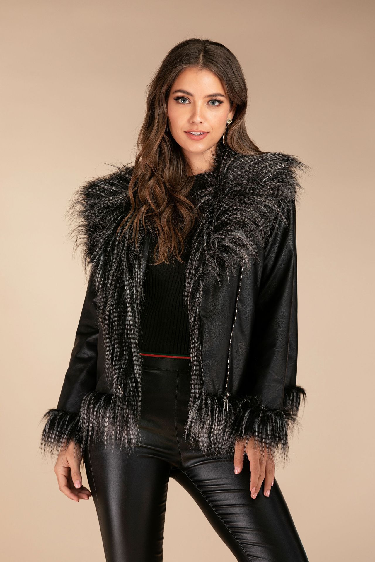 Imitation raccoon fur sheepskin leather jacket