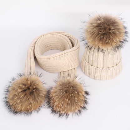 Children's raccoon fur ball hat scarf set