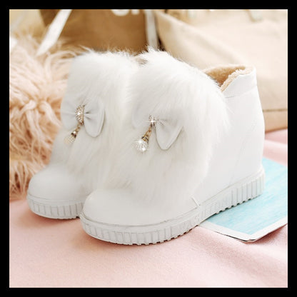 Flat Bowknot Shaggy White Snow Boots