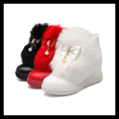 Flat Bowknot Shaggy White Snow Boots