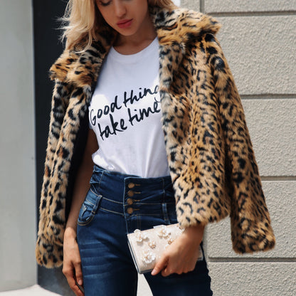 Leopard print fur lapel jacket