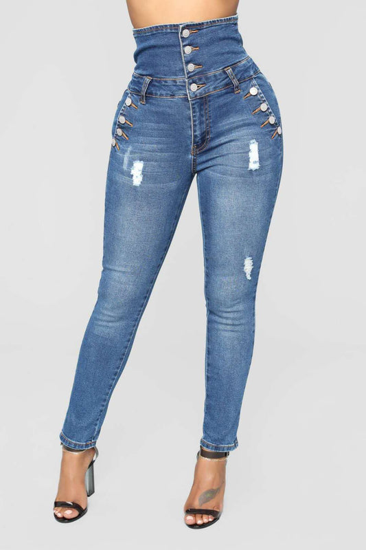 Ripped hole high waist skinny pencil denim jeans