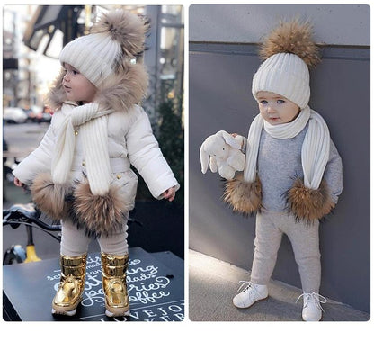 Children's raccoon fur ball hat scarf set