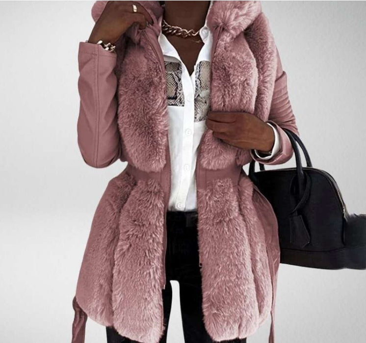 Fur hooded jackets with belt