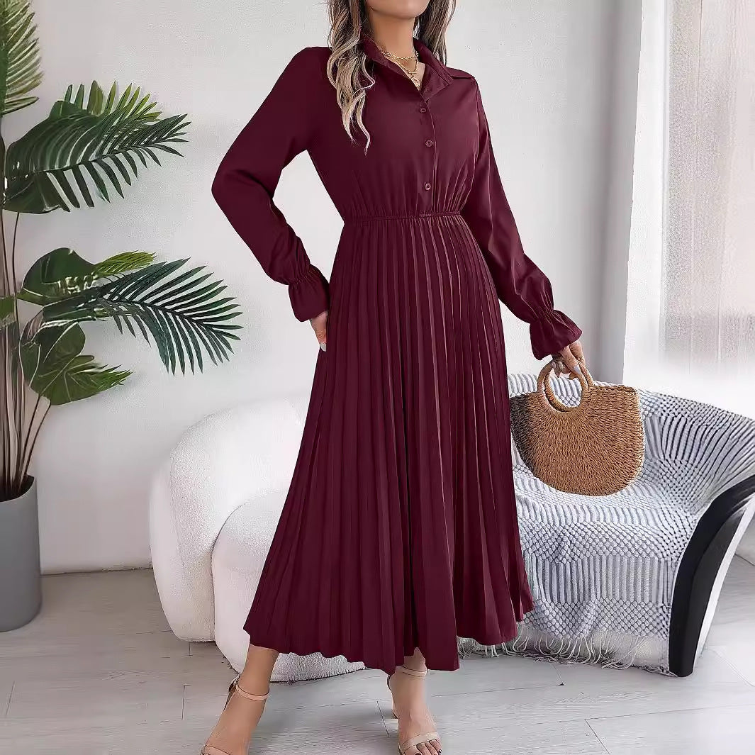 Leisure Lapel Button Long Sleeve Cinched Pleated Dresses