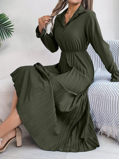 Leisure Lapel Button Long Sleeve Cinched Pleated Dresses