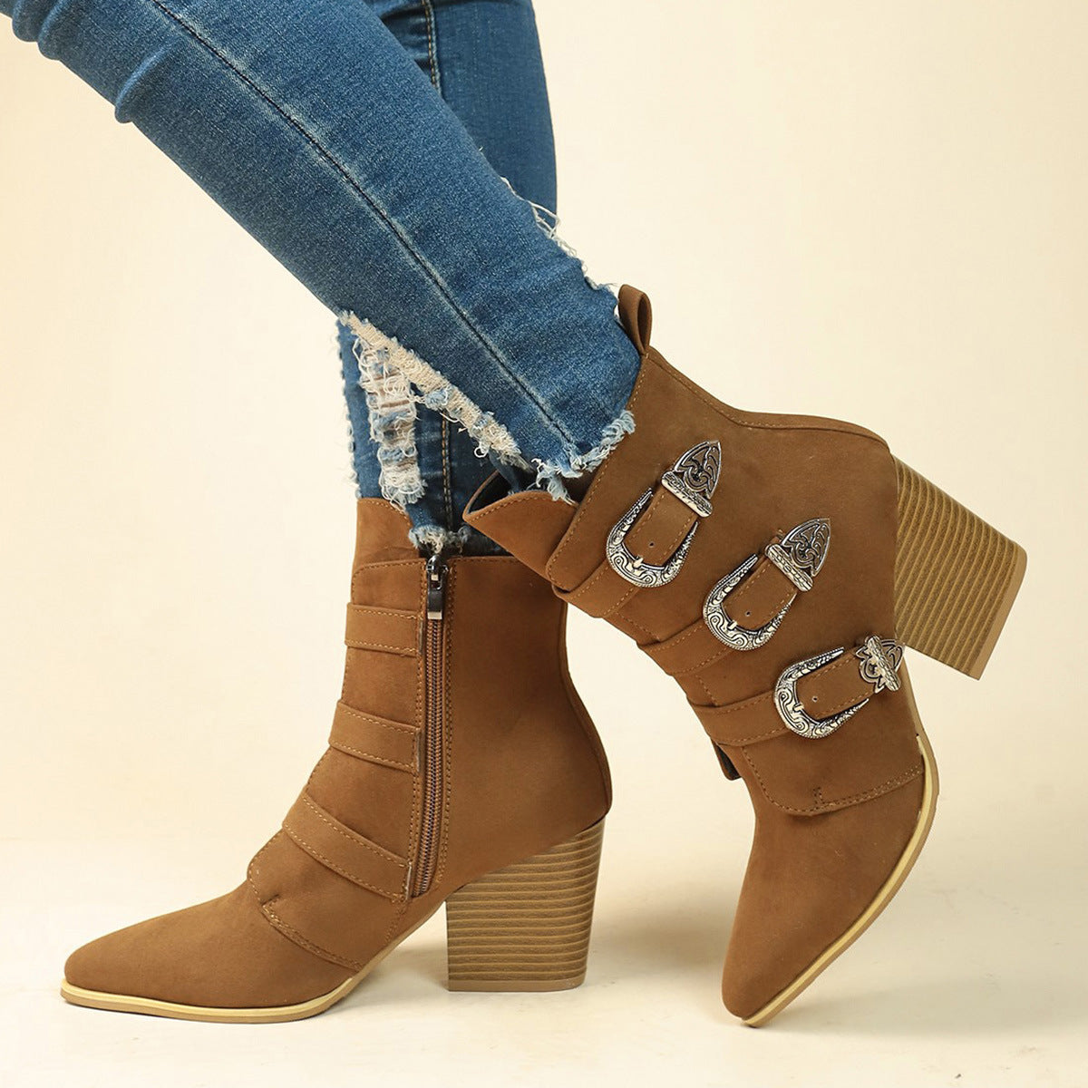 Chunky Heel Pointed Toe Boots With Belt Buckle