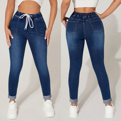 Drawstring Elastic Waist High Skinny Jeans