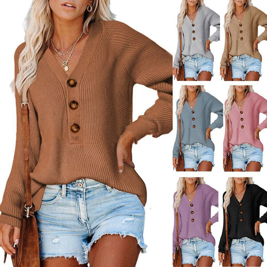 Button Knitted V-neck Sweaters