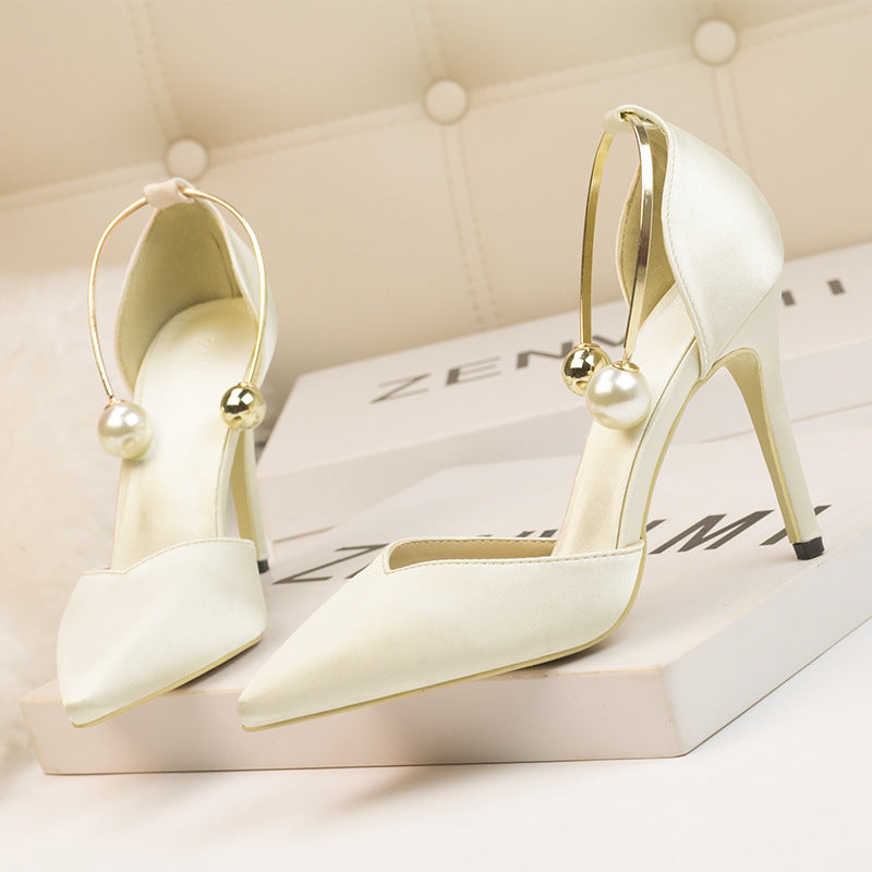 Satin Hollow-out Pointed Toe Metal Strap Sandals