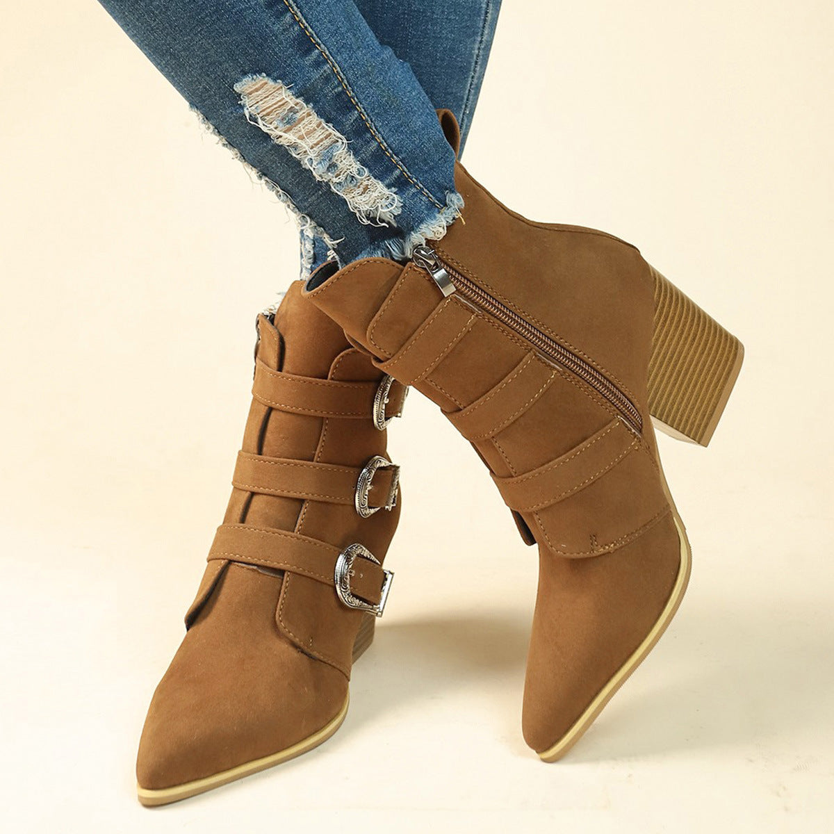 Chunky Heel Pointed Toe Boots With Belt Buckle