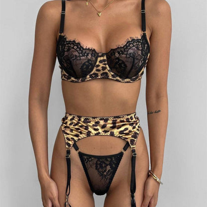 Leopard Print Stitching Lingerie Three-piece Set