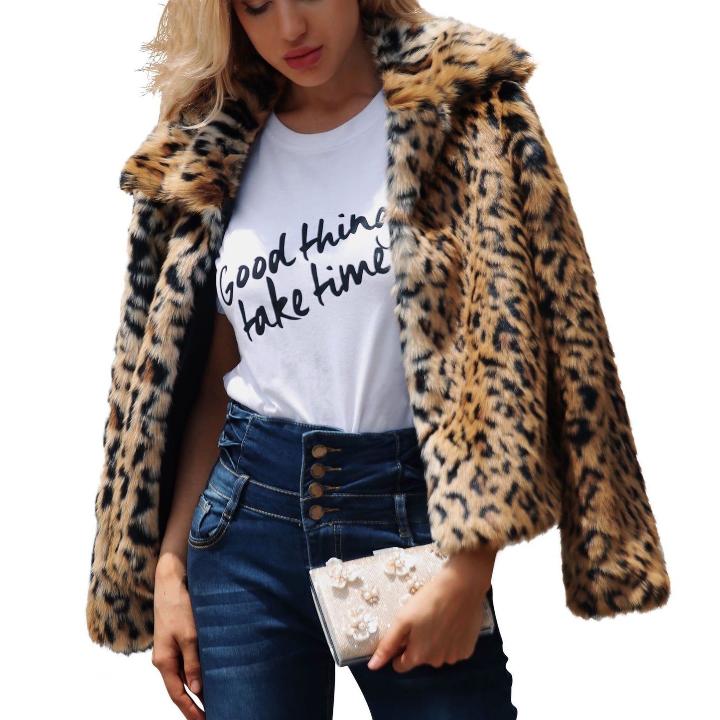 Leopard print fur lapel jacket