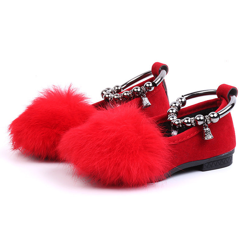 Girls' Princess Shoes With Flat Bow And Fur