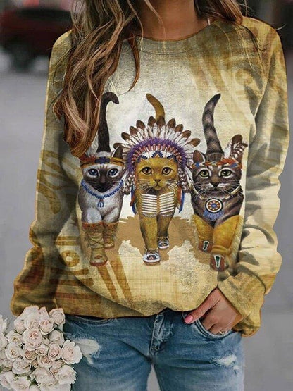 Printed kitten long-sleeved loose sweaters