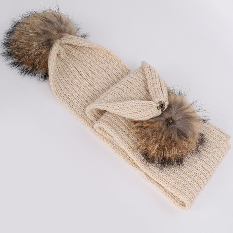 Children's raccoon fur ball hat scarf set