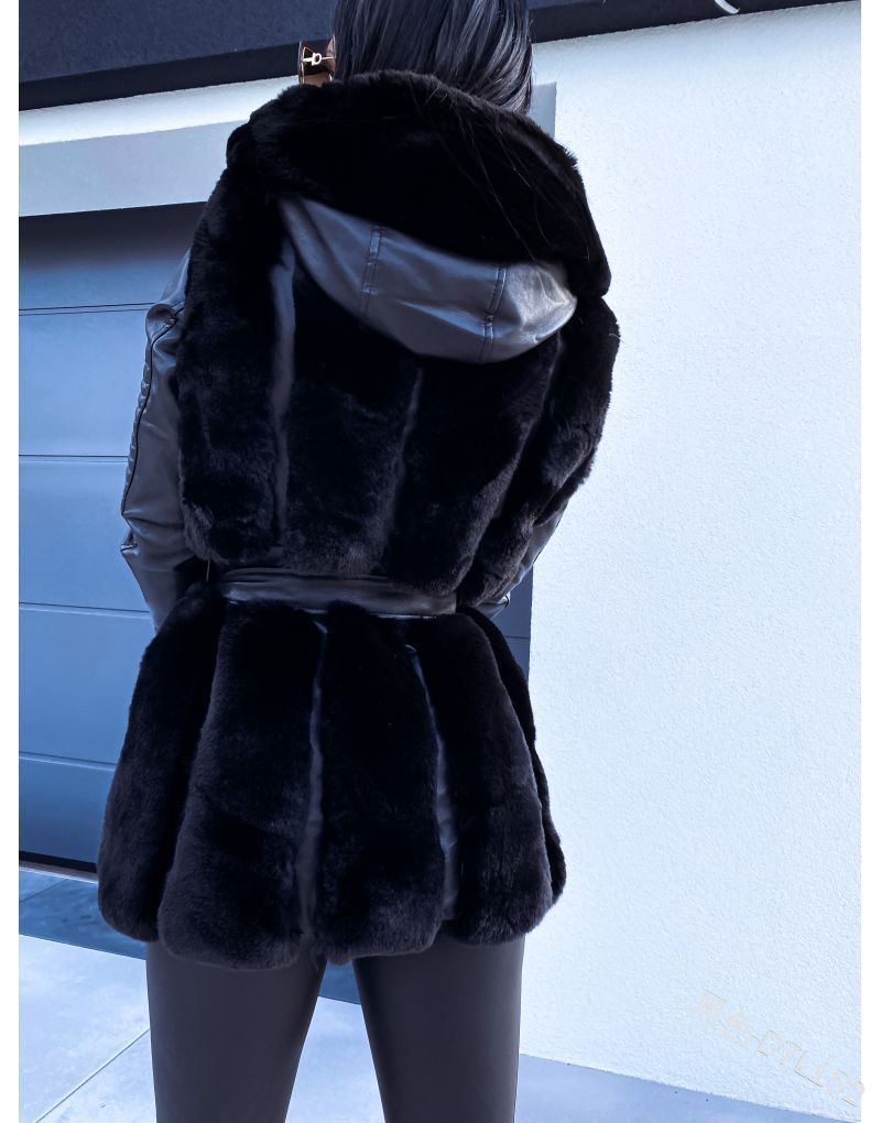 Fur hooded jackets with belt