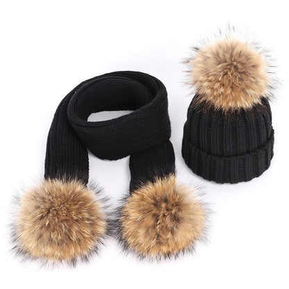 Children's raccoon fur ball hat scarf set