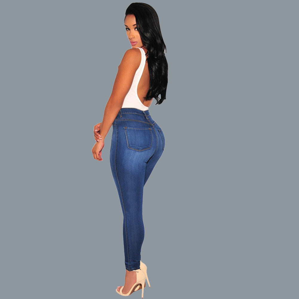 Slim solid color stretch thin knee hole jeans