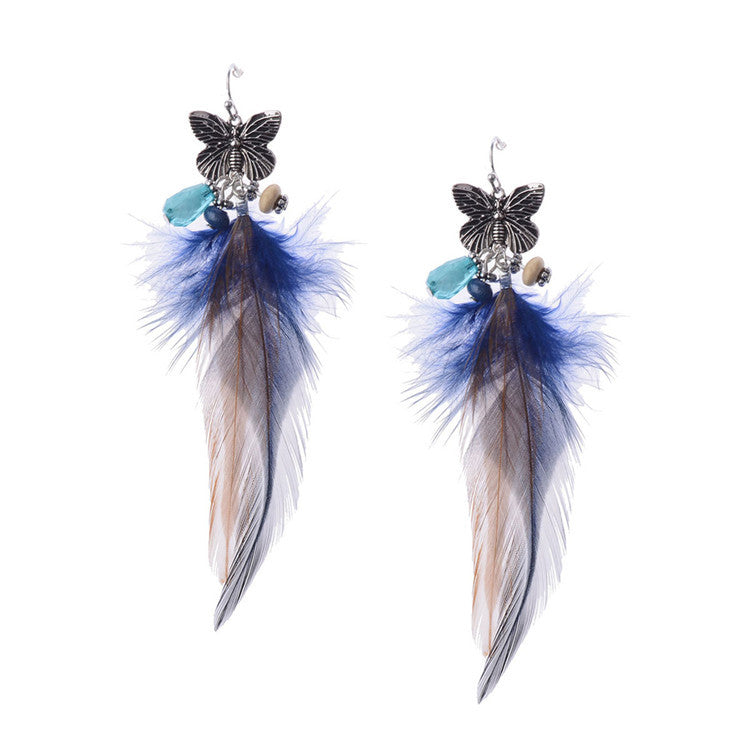 Bohemian Retro Mori Style Butterfly Shape Feather Long Earrings