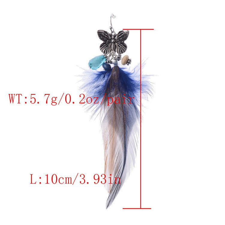 Bohemian Retro Mori Style Butterfly Shape Feather Long Earrings