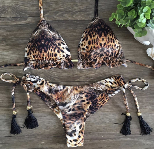 Skull leopard print split bikini