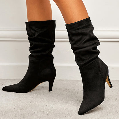 Wrinkled Suede Stiletto Heel Boots