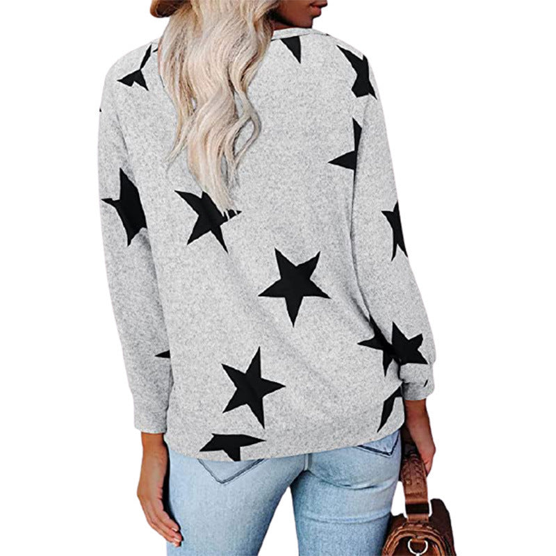 Five-pointed Star Print V-neck Long-sleeved T-shirts