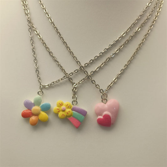 Dopamine Color Cute Sweet Loving Heart Flowers Rainbow Pendant Necklace Simple Cross Chain