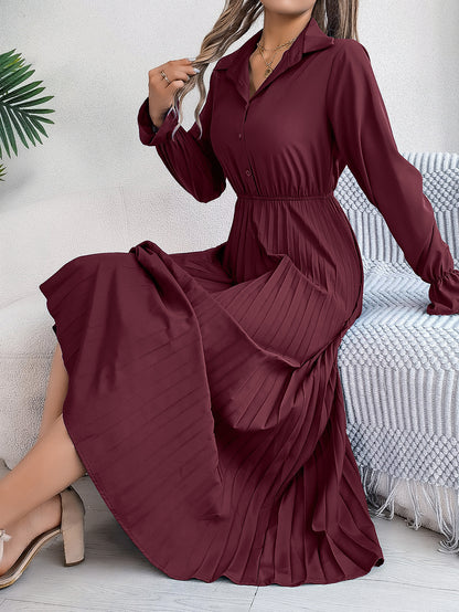 Leisure Lapel Button Long Sleeve Cinched Pleated Dresses