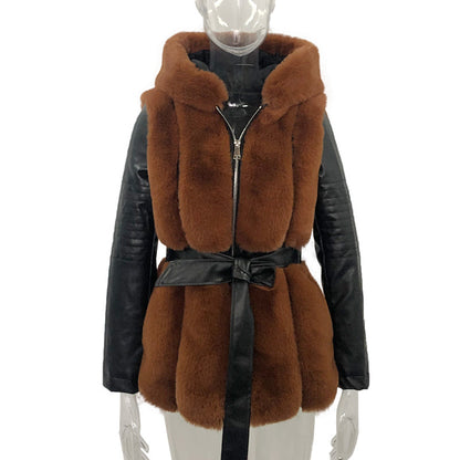 Fur hooded jackets with belt