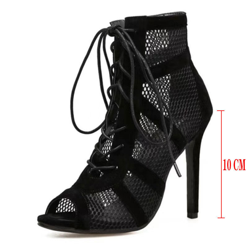 Black Mesh Suede Cross Lace-up High Heels