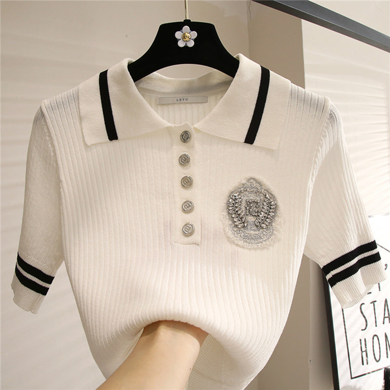 Badge Lapel Short-sleeved Sweater Women